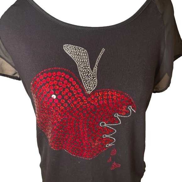 Disney Couture Womens Black Short-Sleeve Sequin Shirt Red Apple Lace Medium #119 - Picture 2 of 9